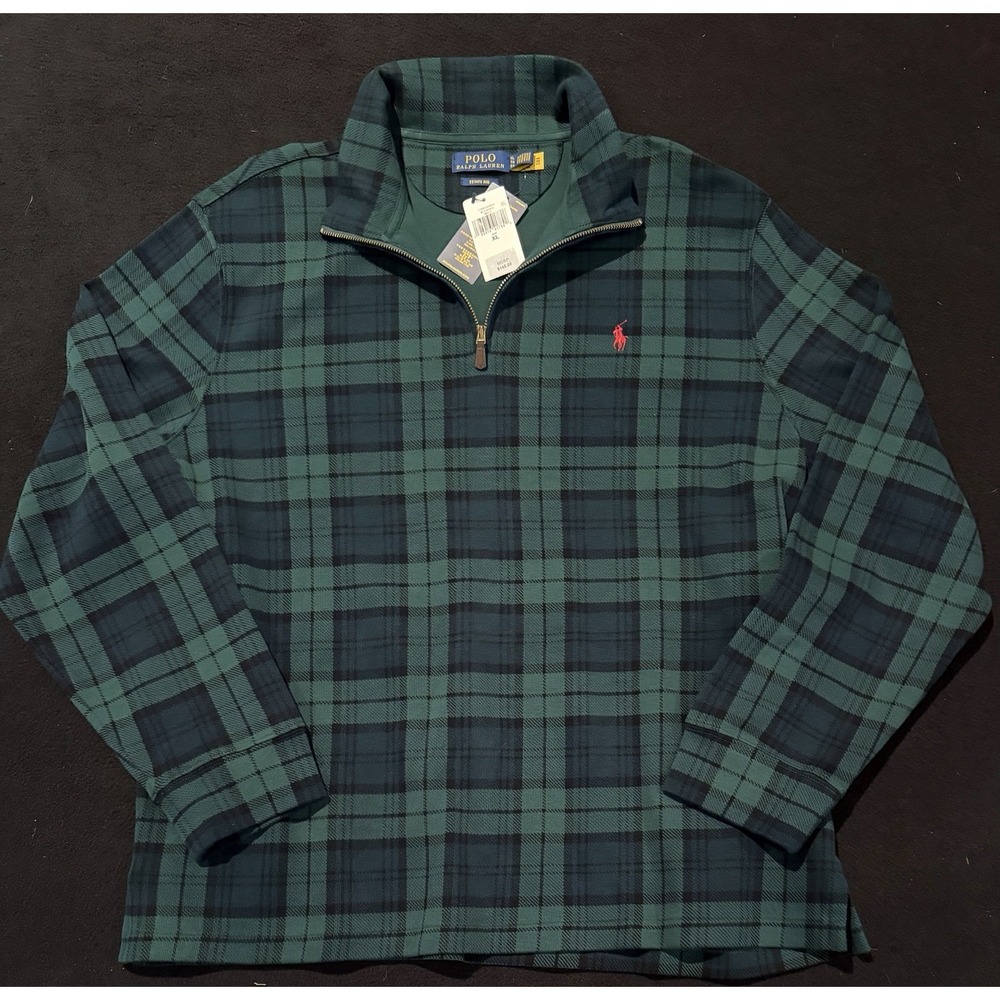 Polo Ralph Lauren Plaid Green Estate-Rib Cotton Quarter-Zip Pullover Men's XL